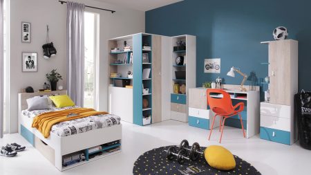 Ifjúsági szoba készlet Omaha H122 (Fehér + Tölgy + Türkiz) Pécs Bútor boltok bútor webáruházak Baranya megye Bútor | Gyermek bútorok | Gyerekszoba garnitúrák