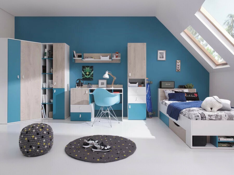 Ifjúsági szoba készlet Omaha H121 (Fehér + Tölgy + Türkiz) Pécs Bútor boltok bútor webáruházak Baranya megye Bútor | Gyermek bútorok | Gyerekszoba garnitúrák