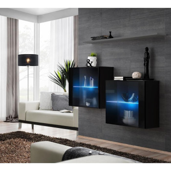 Pécs bútor Komód+Falipolc Switch Sb III Led Fekete/Grafit